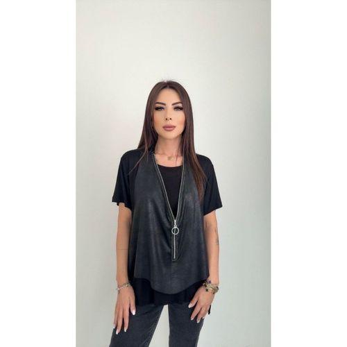 Kadın Kısa Kollu Yuvarlak Yaka Viskon Bluz + Kolsuz Fermuarlı çatlak Deri Yelek