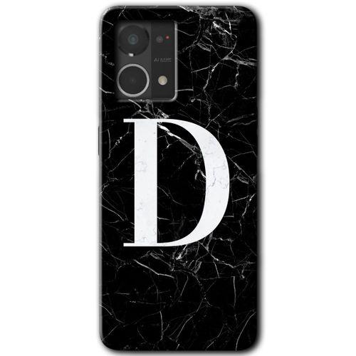 Oppo Reno 7 4G Kılıf HD Desen Baskılı Arka Kapak+Temperli Cam - Siyah Mermer Desenli D Harfi