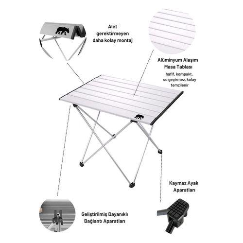 Kamp Ayısı® Küçük Alüminyum Katlanabilir Kamp ve Piknik Masası, Çantalı, Gri