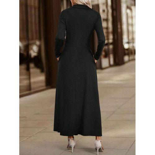 Kadın Uzun Kollu Yakalı önden Fermuarlı Uzun Viskon Iki Iplik Elbise