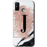 Tecno Spark 6 Go Kılıf HD Desen Baskılı Arka Kapak+Temperli Cam - Pembe Mermer Desenli J Harfi