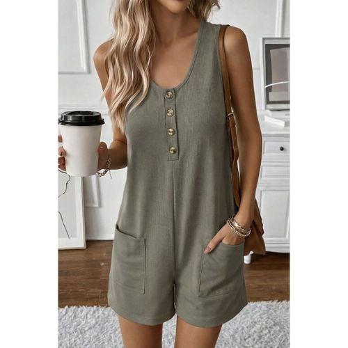 Kadın Omuz Askılı önden Düğmeli Waffle Kısa Tulum