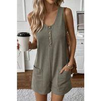 Kadın Omuz Askılı önden Düğmeli Waffle Kısa Tulum