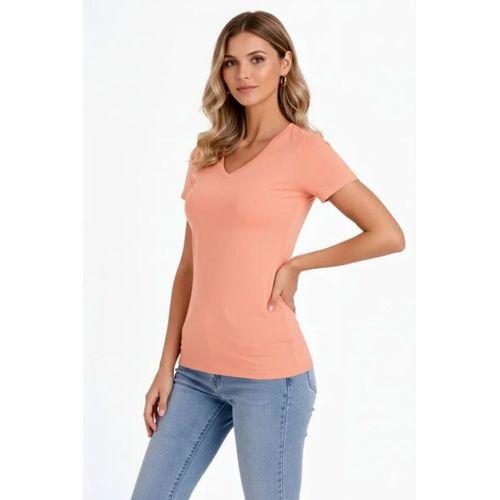 T-Shirt V Yaka Slim Fit Likralı Tişört Günlük Basic Body - Toz Pembe