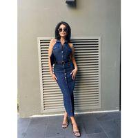 Kadın Düğme Detaylı Belden Kemerli Sırt Dekolte Kot Elbise