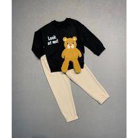 2-3-4 Yaş Ayıcık Sallanan Ayak Desenli Likra Penye Kumaş Sweat Pantolonlu Kız Erkek 2li Çocuk Takımı Siyah