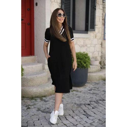 Pilelistore Kadın Kısa Kollu V Yaka Kol Ve Yaka Ribana Detay Midi Boy Viskon Elbise