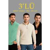 Erkek Fitilli Triko Kazak 3’lü Set – Mint Yeşili, Siyah, Bej Kalın Dokuma Pamuklu Regular Fit V Yaka Fermuarlı Uzun Kollu Rahat Kışlık Kazak Kombini
