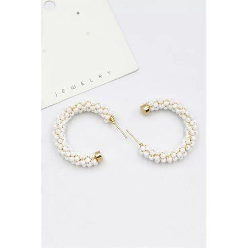 Kristal Boncuk Halka Küpe - Beyaz