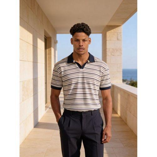 Gert Relaxed Fit Çizgili Pike Kumaş V Pat Polo Yaka T-Shirt - Lacivert