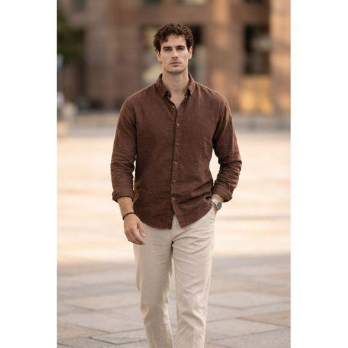Pera Kumaş Keten Görünümlü Yarım Oversize Uzun kollu Erkek Gömlek - Kahve