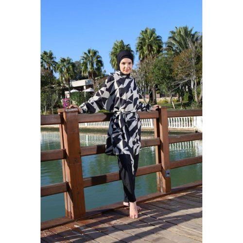 Estiva 26969 Siyah Abstract Tam Kapalı Pantolonlu Kuşak Detaylı Tesettür Mayo