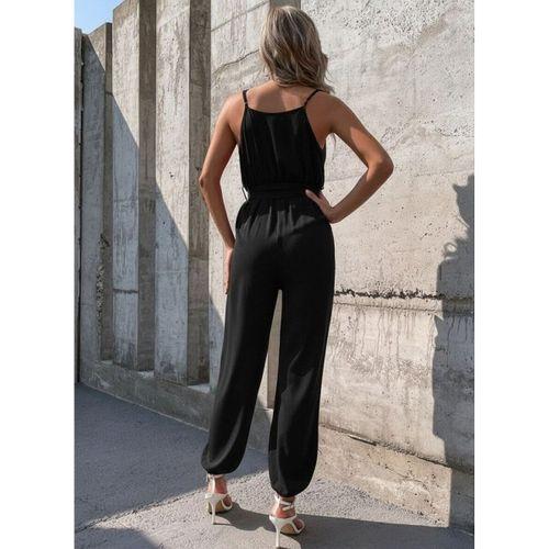 Kadın Ip Askılı Kruvaze Yakalı Belden Kuşaklı Uzun Sandy Tulum