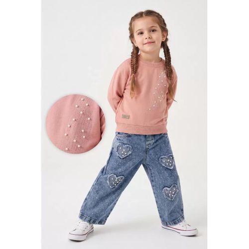 3/6 Yaş İncili Kalp Nakışlı Sweatli Kot Pantolonlu Çocuk Takımı