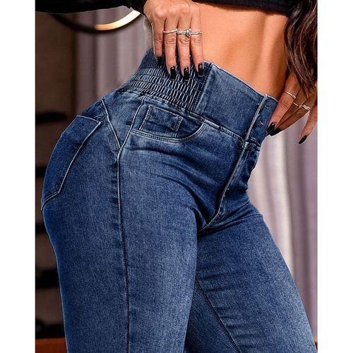 Kadın Yüksek Bel Yanları Lastik önü Düğmeli Kot Pantolon