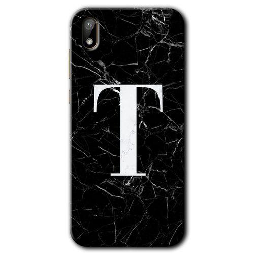 Potkal Hediye Fabrikası Huawei Y5 2019 Kılıf HD Desen Baskılı Arka Kapak - Siyah Mermer Desenli T Harfi