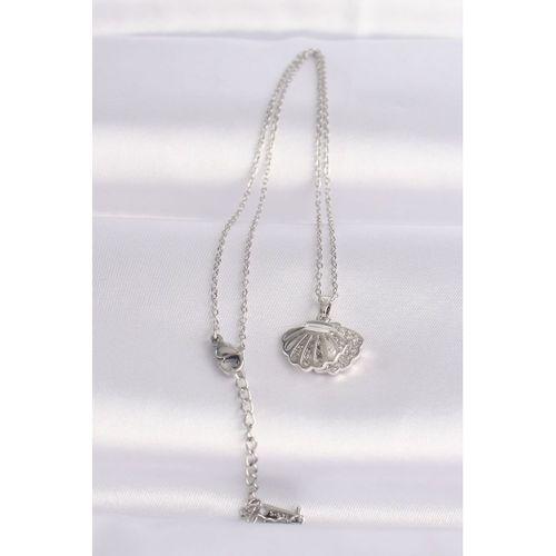 316L Çelik Zincir Gümüş Renk Zirkon Taşlı İnci Detay İstiridye Kolye