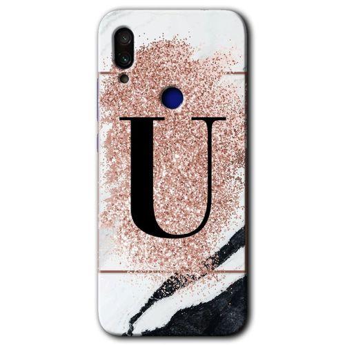 Xiaomi Redmi Note 7 Kılıf HD Desen Baskılı Arka Kapak - Pembe Mermer Desenli U Harfi