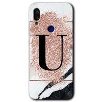 Xiaomi Redmi Note 7 Kılıf HD Desen Baskılı Arka Kapak - Pembe Mermer Desenli U Harfi
