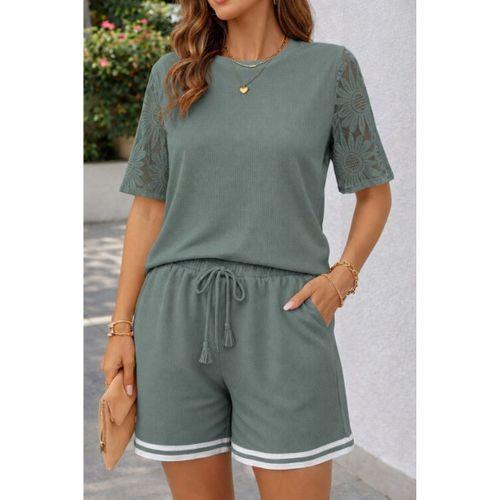 Kadın Kısa Kollu Bisiklet Yakalı Waffle Bluz Ve Short Ikili Takım