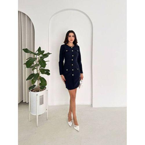 Kadın Bisiklet Yaka Cep Ve Gold Düğme Detay Double Kumaş Mini Elbise