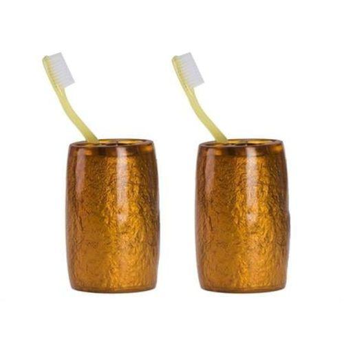 2 Adet Diş Fırçalık Altın Renkli Poliresin  5X5X7Cm Banyo Seti