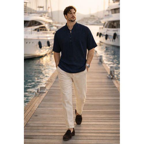 Wes Oversize Yarım Pat Bambu Kısa kol Gömlek - Lacivert