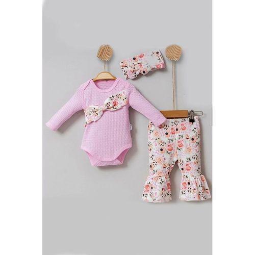 Çiçek Desenli Fiyonklu 3'lü Kız Bebek Takım