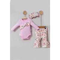 Çiçek Desenli Fiyonklu 3'lü Kız Bebek Takım