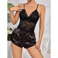 Kadın Siyah Kırmızı Kalp Desenli Saten Şort Pijama Takımı 2232