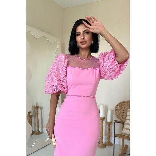 Pembe İncili Tül Detay Elbise
