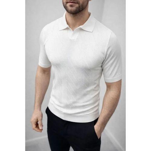 Erkek Yazlık Triko Dokuma Tişört Kısa Kol Polo Yaka T-Shirt - Beyaz