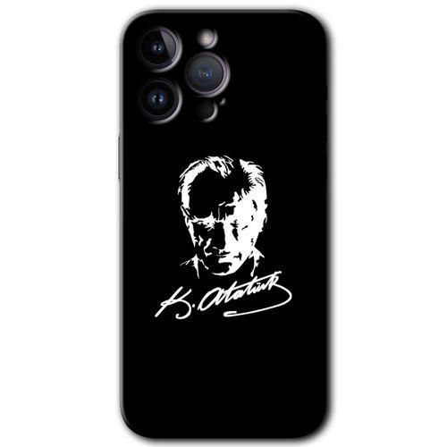 iPhone 14 Pro Max Kılıf HD Desen Baskılı Arka Kapak - Temperli Cam - Atatürk Silüet İmza