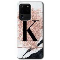 Galaxy S20 Ultra Kılıf HD Desen Baskılı Arka Kapak - Pembe Mermer Desenli K Harfi + Kırılmaz Cam