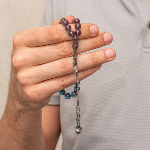 Gümüş Top Kazaz Püsküllü Şeffaf Mavi Sıkma Kehribar Tesbih