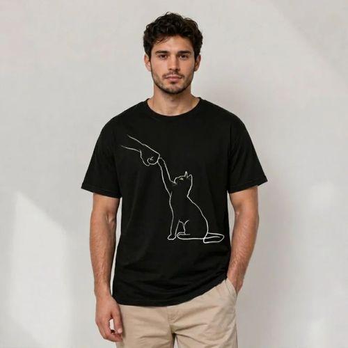 Erkek Minimal Kedi Çizim Baskılı Tişört Kısa Kol Yazlık T-Shirt - Siyah
