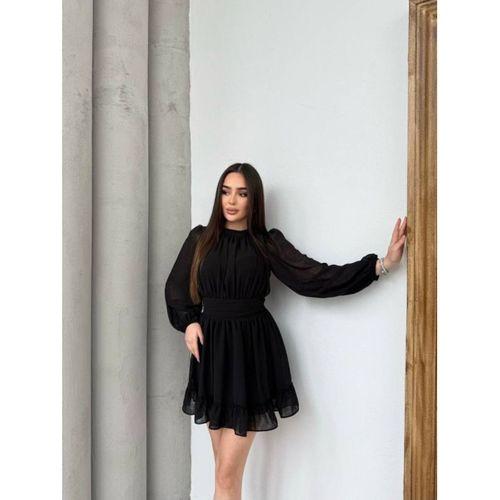 Kadın Yarım Balıkçı Yaka Kolları Transparan Astarlı Full şifon Elbise