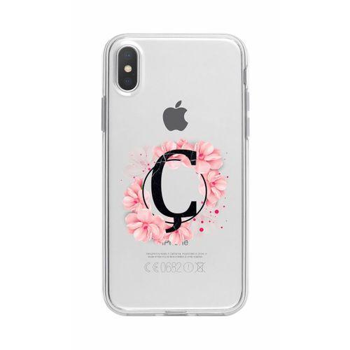 iPhone X Pembe Çiçek Desen Ç Harfli Şeffaf Kılıf