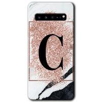 Samsung Galaxy S10 Plus Kılıf HD Desen Baskılı Arka Kapak - Pembe Mermer Desenli C Harfi