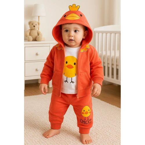 Civciv Desenli Kapişonlu 3'lü Erkek Bebek Takımı