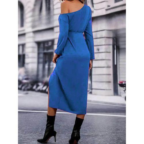 Kadın Uzun Kollu Tek Omuzu Açık Belden Kuşaklı önden çapraz Detaylı Krep Elbise