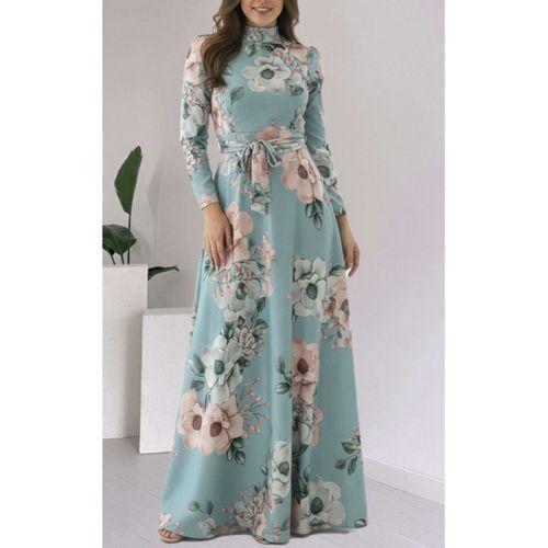 Kadın Uzun Kollu Yuvarlak Yakalı Beli Kuşaklı Desenli Süprem Uzun Elbise