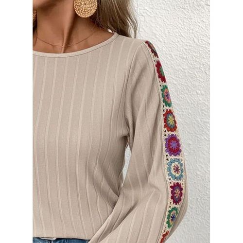 Kadın Uzun Kollu Kayık Yaka şardonlu Kaşkorse Bej Bluz