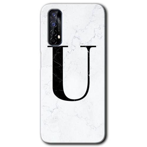 Realme 7 Kılıf HD Desen Baskılı Arka Kapak + Temperli Cam - Beyaz Mermer Desenli U Harfi