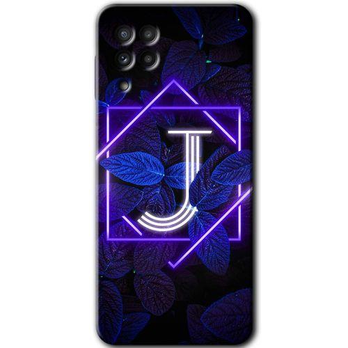 MRCİLETİSİM MRCİLETİSİM Samsung Galaxy M32 Kılıf HD Desen Baskılı Arka Kapak + Temperli Cam - Dark Neon Yaprak J Harfi