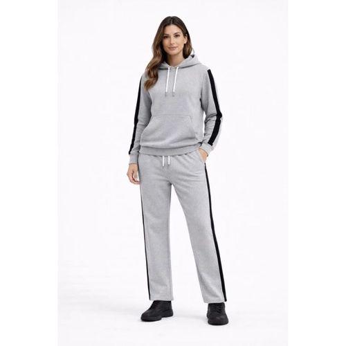 KADIN Yandan Şeritli Eşofman Takım Kapüşonlu Sweatshirt Boru Paça Alt, Oversize 3 Iplik Pamuklu - Gri
