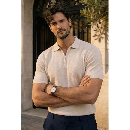 Jeff Selanik Örgü Polo Yaka Yarım Fermuarlı İnce Triko Erkek T-Shirt - Bej