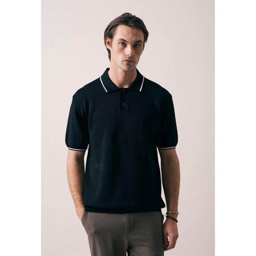 Austen Kontrast Biyeli Düğmeli Polo Yaka Kısa Kollu İnce Triko Erkek T-Shirt - Siyah