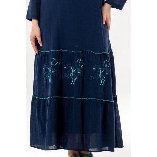 Uzun Kol Venedik Nakışlı Şile Bezi Otantik Uzun Elbise Lacivert Lcvt