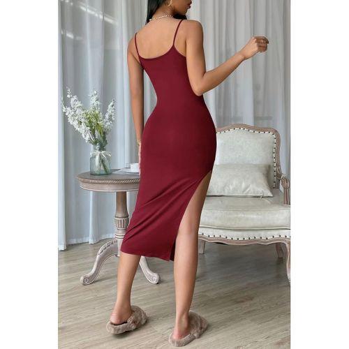 Kadın Bordo Yırtmaçlı Diz Altı Vücüdu Saran Gecelik